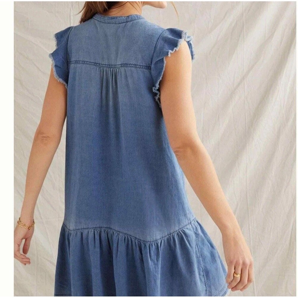Chambray V-Neck Ruffle Sleeve Mini Dress - Blue - Picture 2 of 13